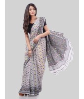 DESH BIDESH Women`S Hirokduti Resham Dhakai Jamdani Bengal Pure Cotton Handloom Saree Whole Body Design Without Blouse Piece(White Grey)